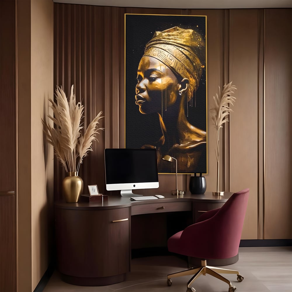 Tablou canvas cu tablou canvas cu femeie africana si turban auriu, in rama de aluminiu auriu, pe perete intr-un birou
